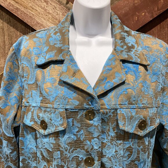 KINDRED SPIRIT Floral Brocade Jacket Large Turquoise Waist Length Tooled Design - Picture 2 of 16
